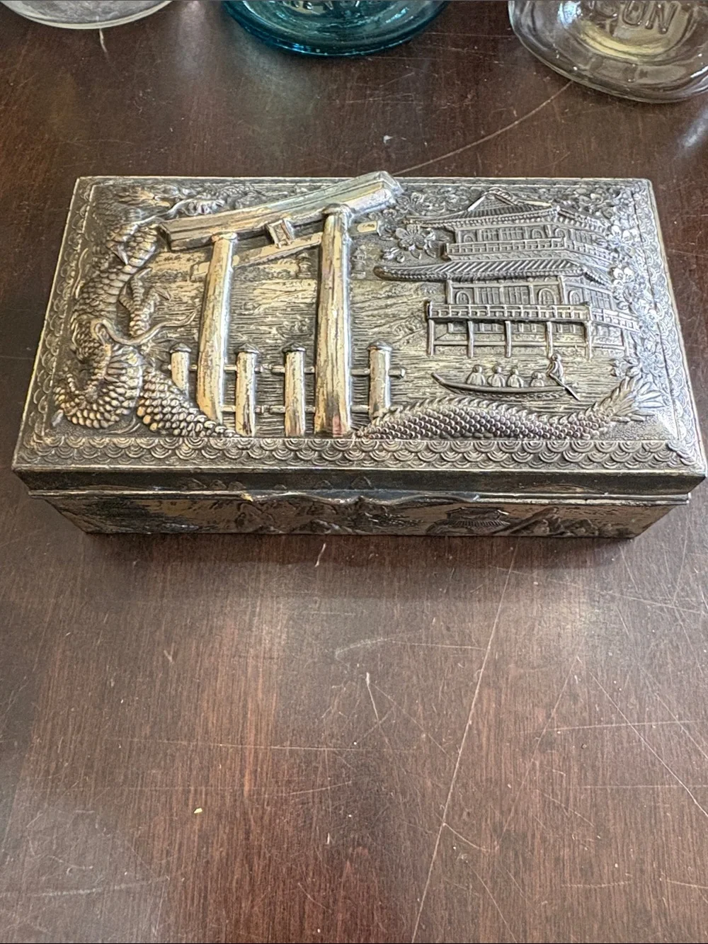 Ornate Embossed Metal Trinket Box in Aged Silver Tone